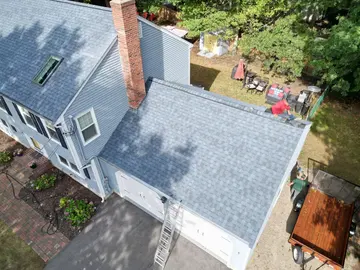 Aerial view of a completed E&B Roofing roof project